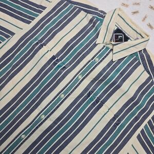 Vintage Santana Striped Shirt Medium Blue‎ Green White Cotton Short Sleeve Retro